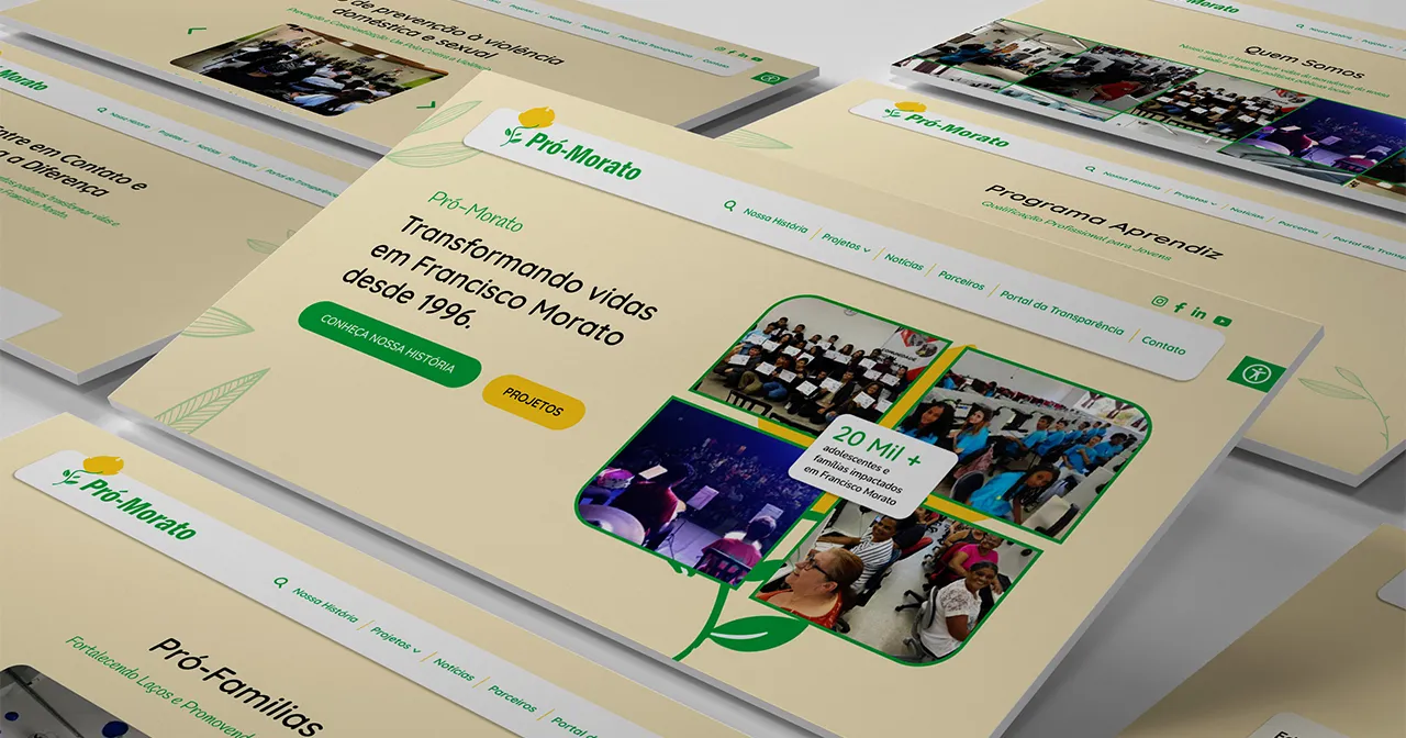 Montagem de telas com páginas do site da Pró-morato desenvolvido por mim Raphael
